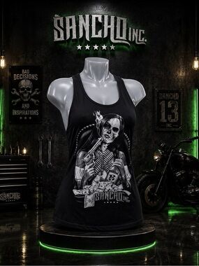 Sancho Inc Women’s Black Graphic Racerback Tank Top NWOT 💎